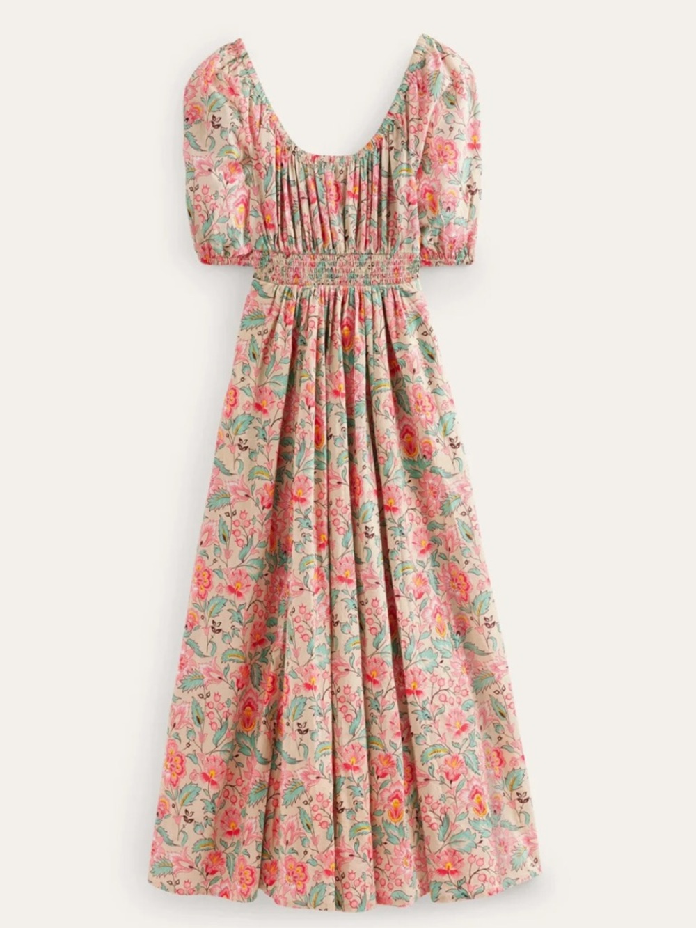 Boden Pink Floral Scoop Neck Maxi Dress Puff Sleeve Stretch Waist Pockets Cotton